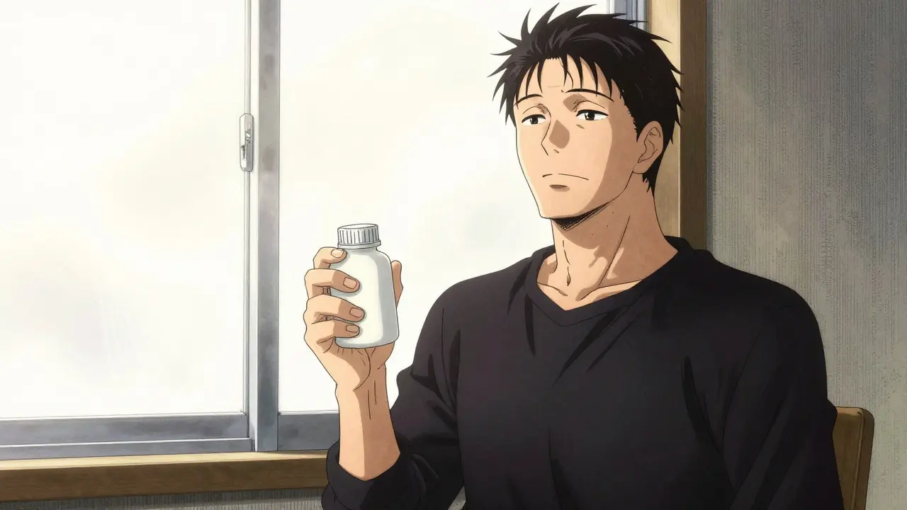 Relieved man holding generic medication by a window in Gekiga anime style