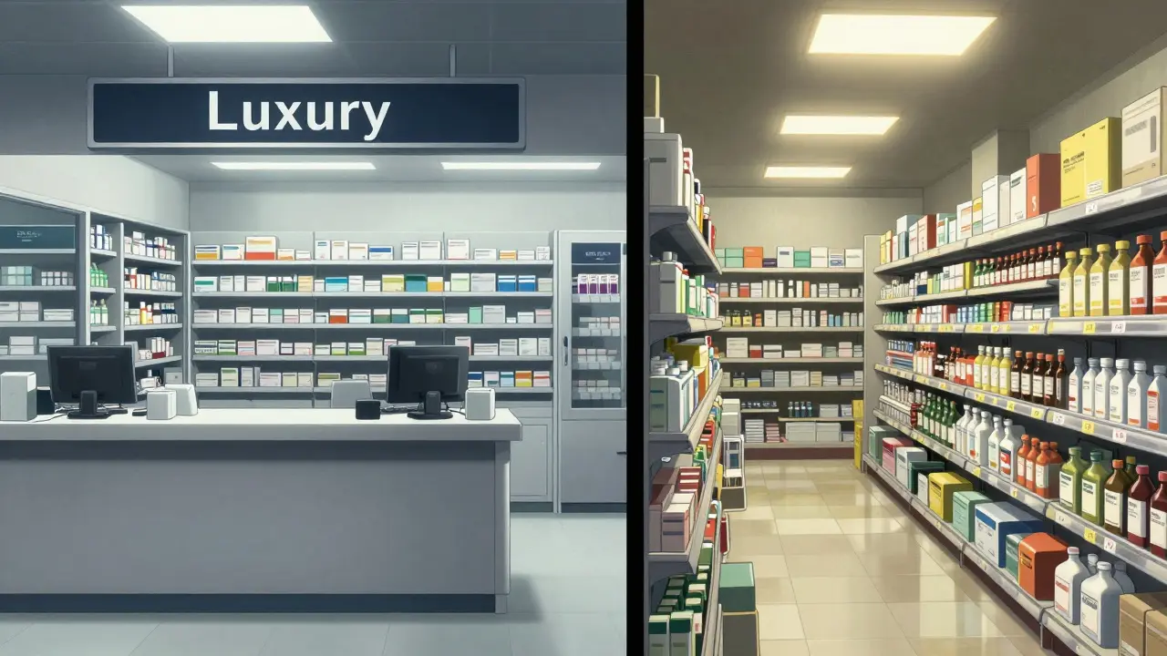Split screen comparing a corporate pharmacy and a warehouse pharmacy in Gekiga style