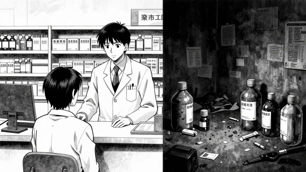 Split view of a legal pharmacy versus an illegal drug operation in Gekiga style.