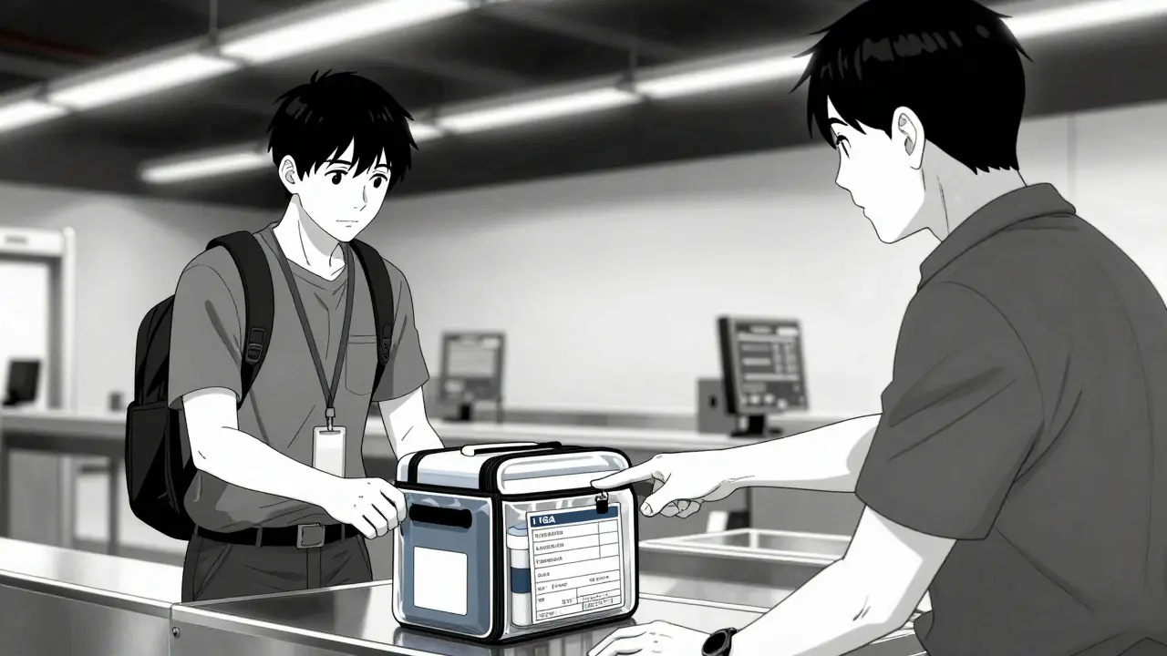 Traveler declaring a medical cooler and medication list to a security officer.