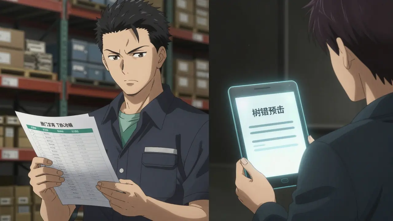 Warehouse manager reviewing inventory tiers and a customer notification