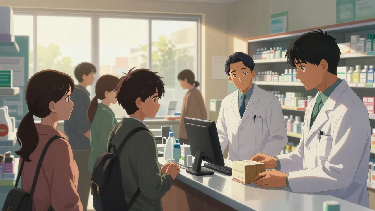 Warm sunlight fills a pharmacy where customers receive medicine boxes.