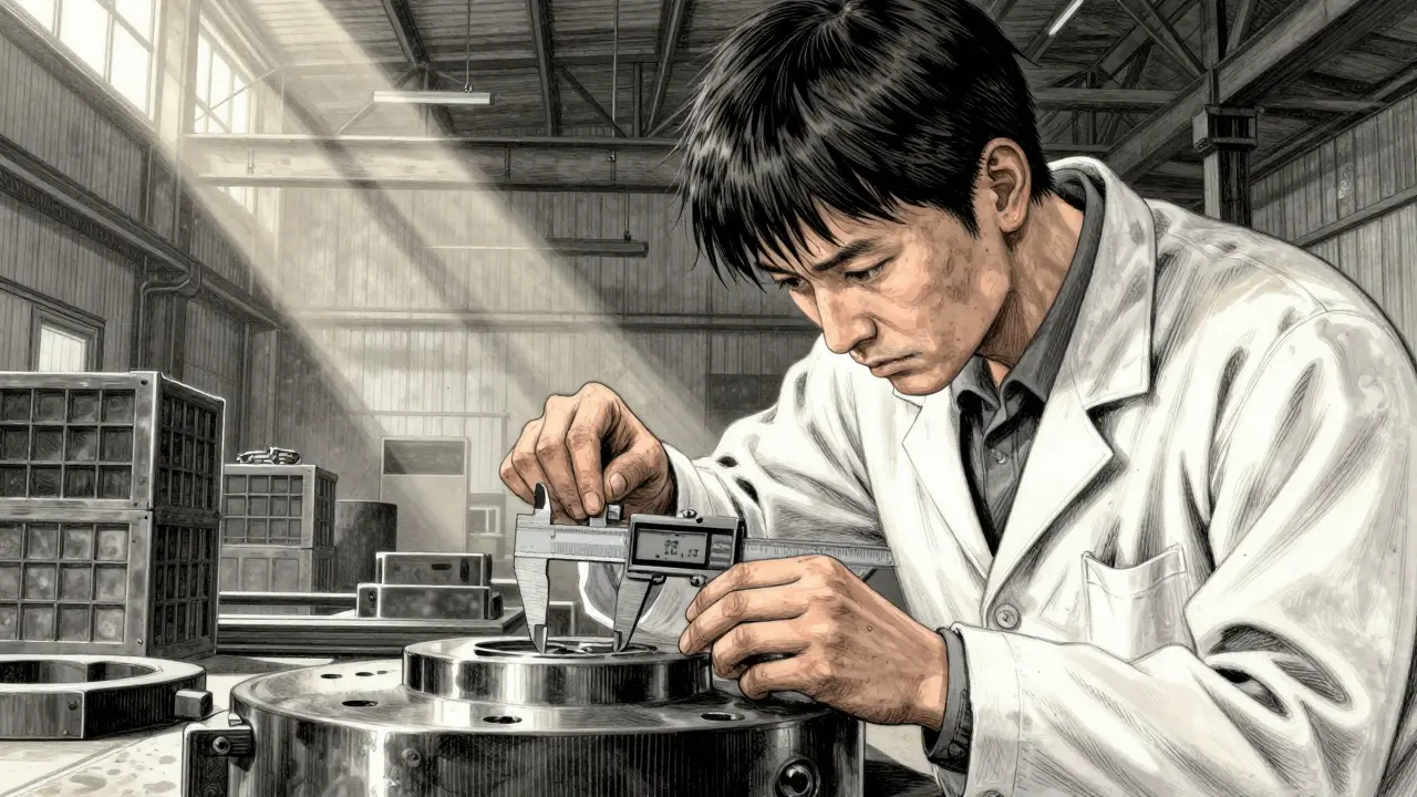 Worker using a precision caliper to inspect raw metal materials in a gritty industrial setting.
