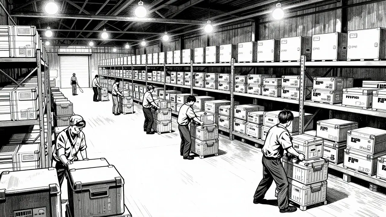 Workers moving medical kits in a high-contrast industrial warehouse